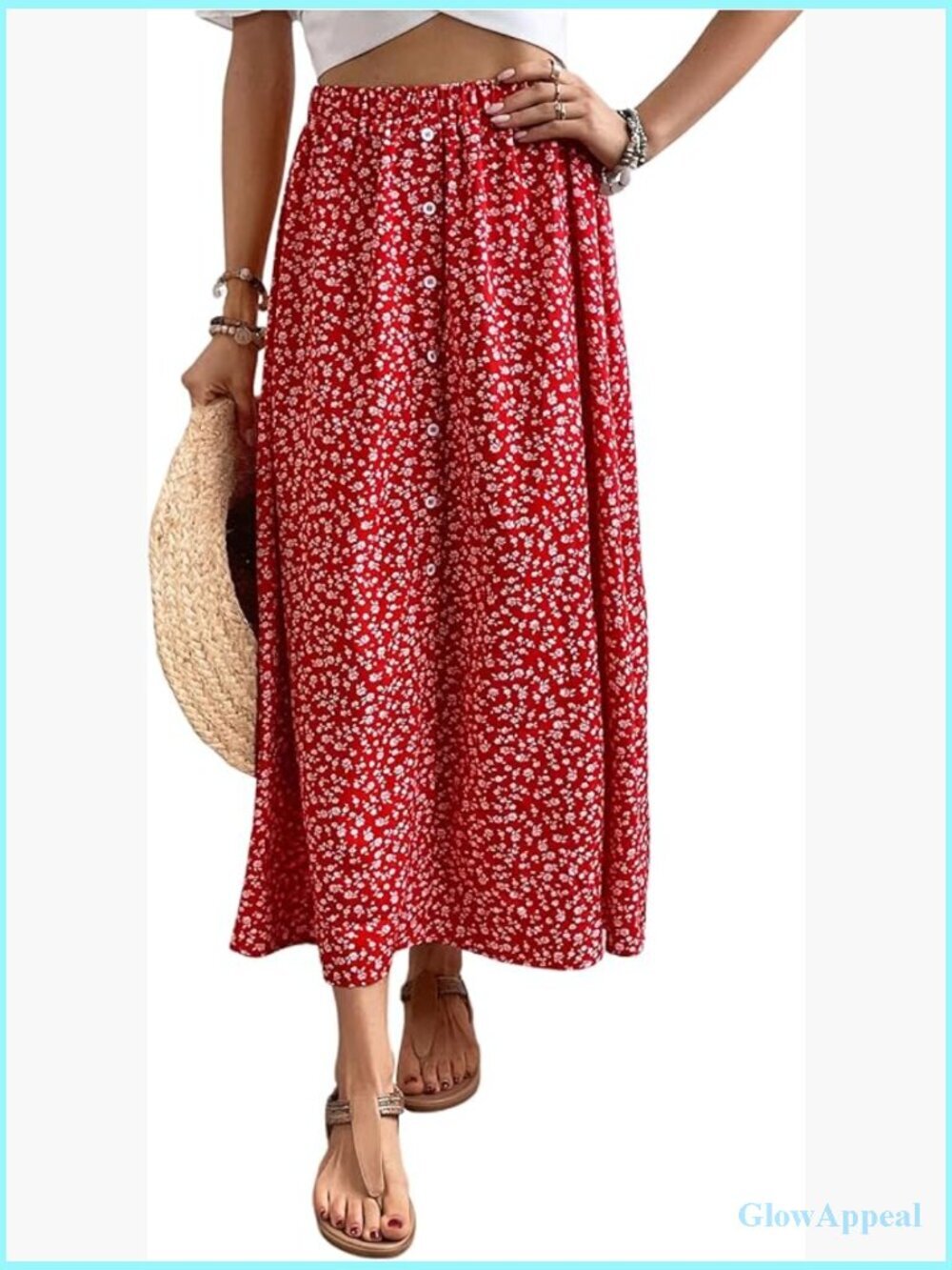 Women's Boho Floral Button Up A-Line Skirt High Waisted Flowy Midi Skirt